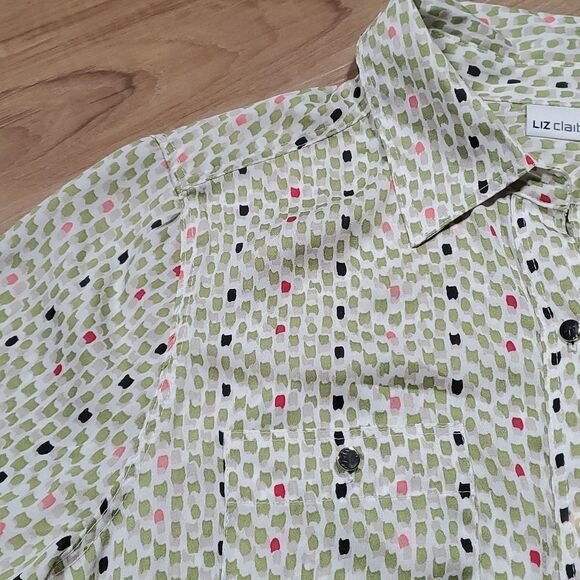 🔸️NWT Liz Claiborne Green Print Button Long Sleeve Top Small - Picture 3 of 10